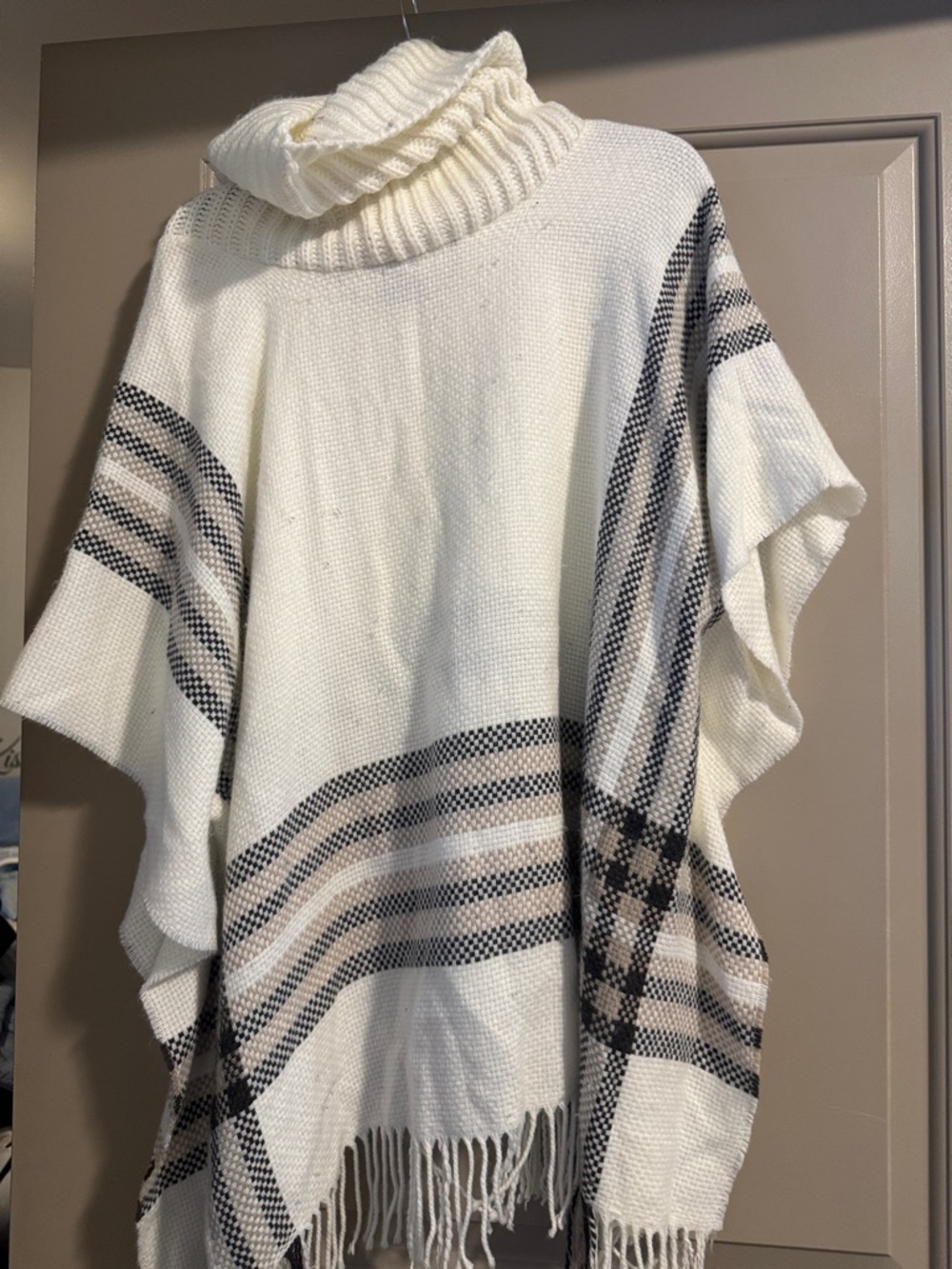 V. FRAAS Cream Plaid Turtleneck Poncho with Fringe